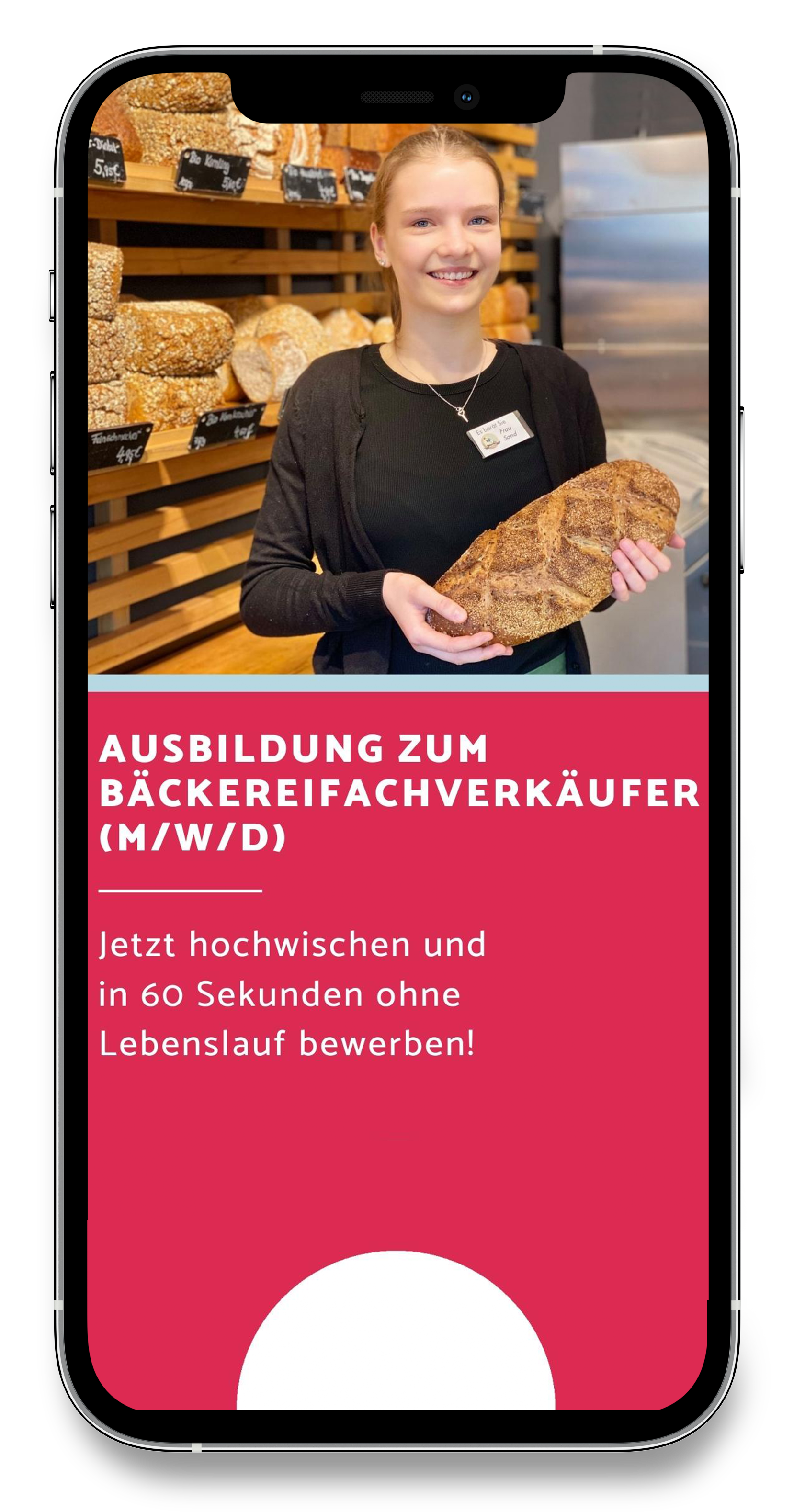 IPhone mit der Story Anzeige auf der eine Auszubildende der Bäckerei Meffert ein Brot hält.