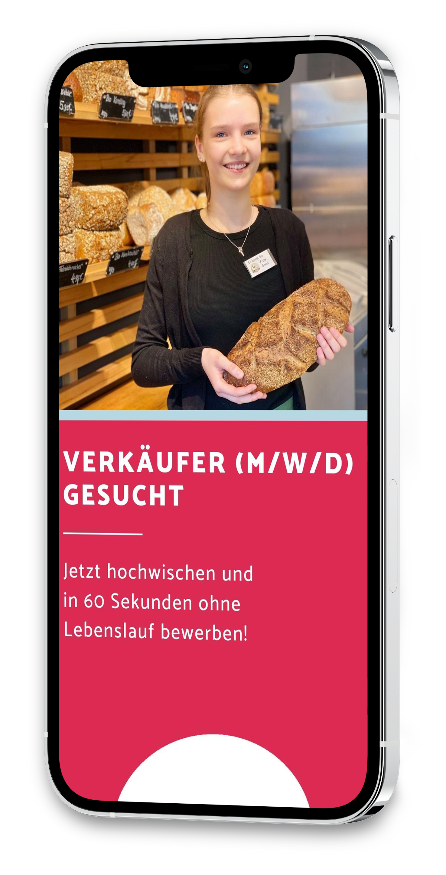 IPhone mit der Story Anzeige auf der eine Verkäuferin der Bäckerei Meffert ein Brot hält.